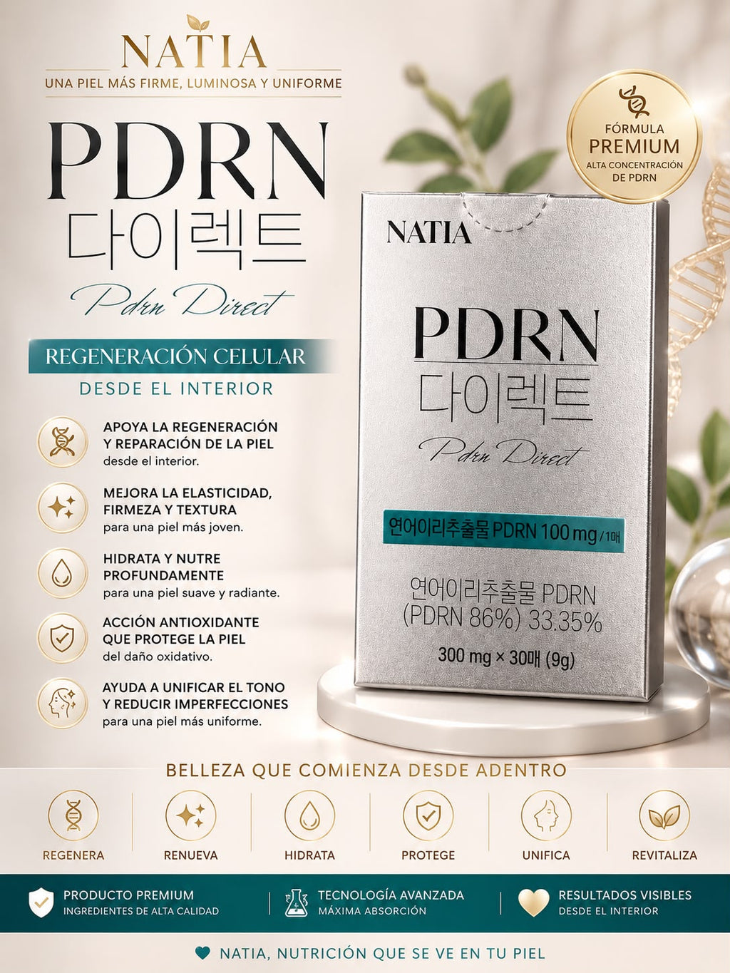 K-Beuty PDRN Direct NATIA – Regeneración Celular y Luminosidad de la Piel desde el Interior